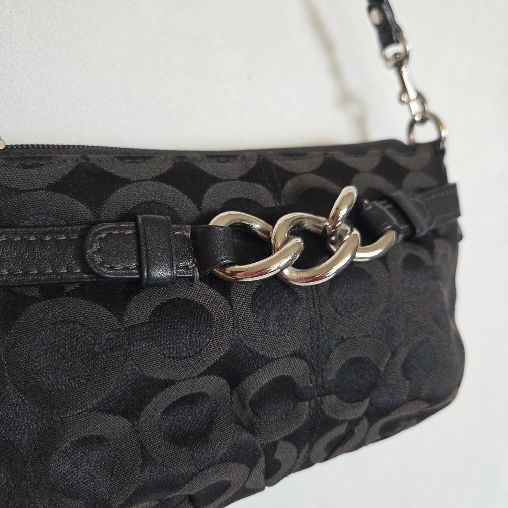 Coach Signature Jacquard Small Shoulder Bag Black Silver Chain Link Baguette